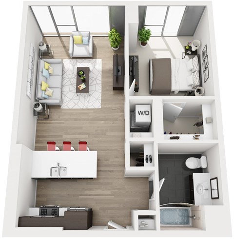 Floor plan for 1 bed, 1 bath, 715 sqft